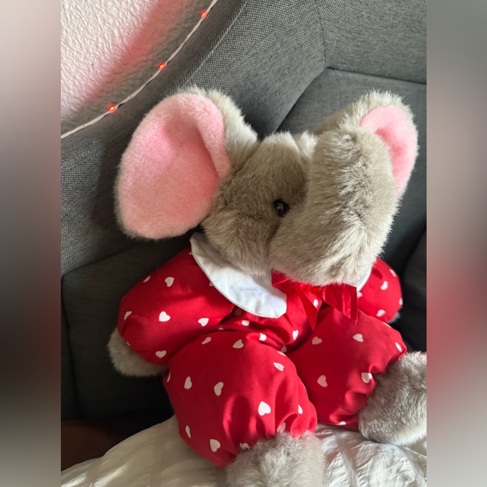 Valentine’s Day Floppy Plush Fuzzy Elephant Red Outfit White Hearts 14”